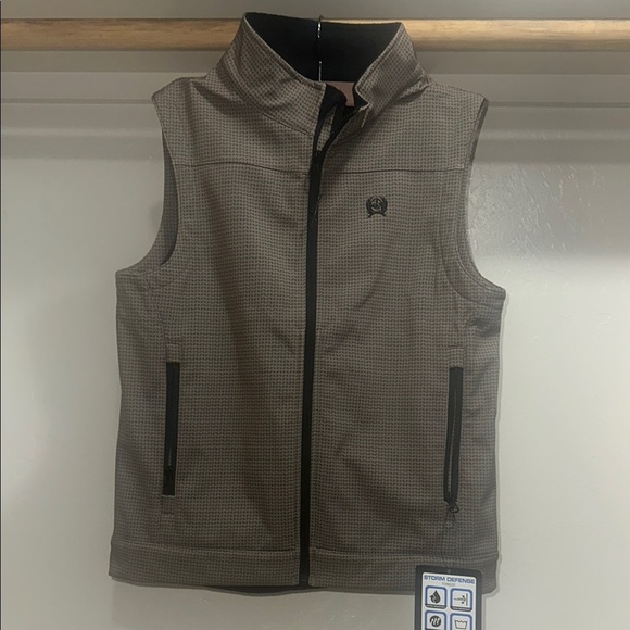 Cinch Tan and Black Zip-Up Vest with Stand-Up Collar
